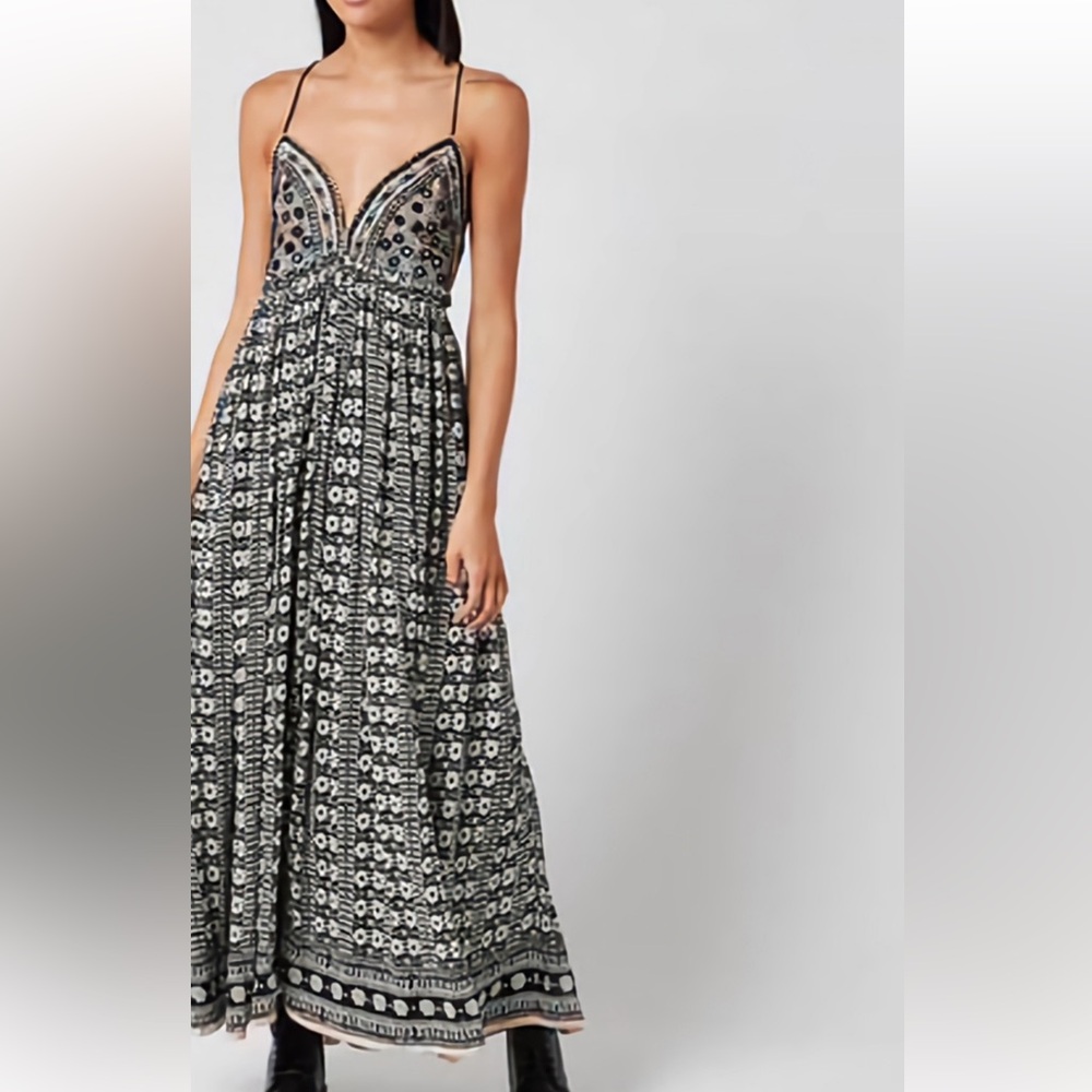 Free People Good Vibes Geometric Print Beaded Sequin Triangle Top Maxi Dress - Picture 2 of 16